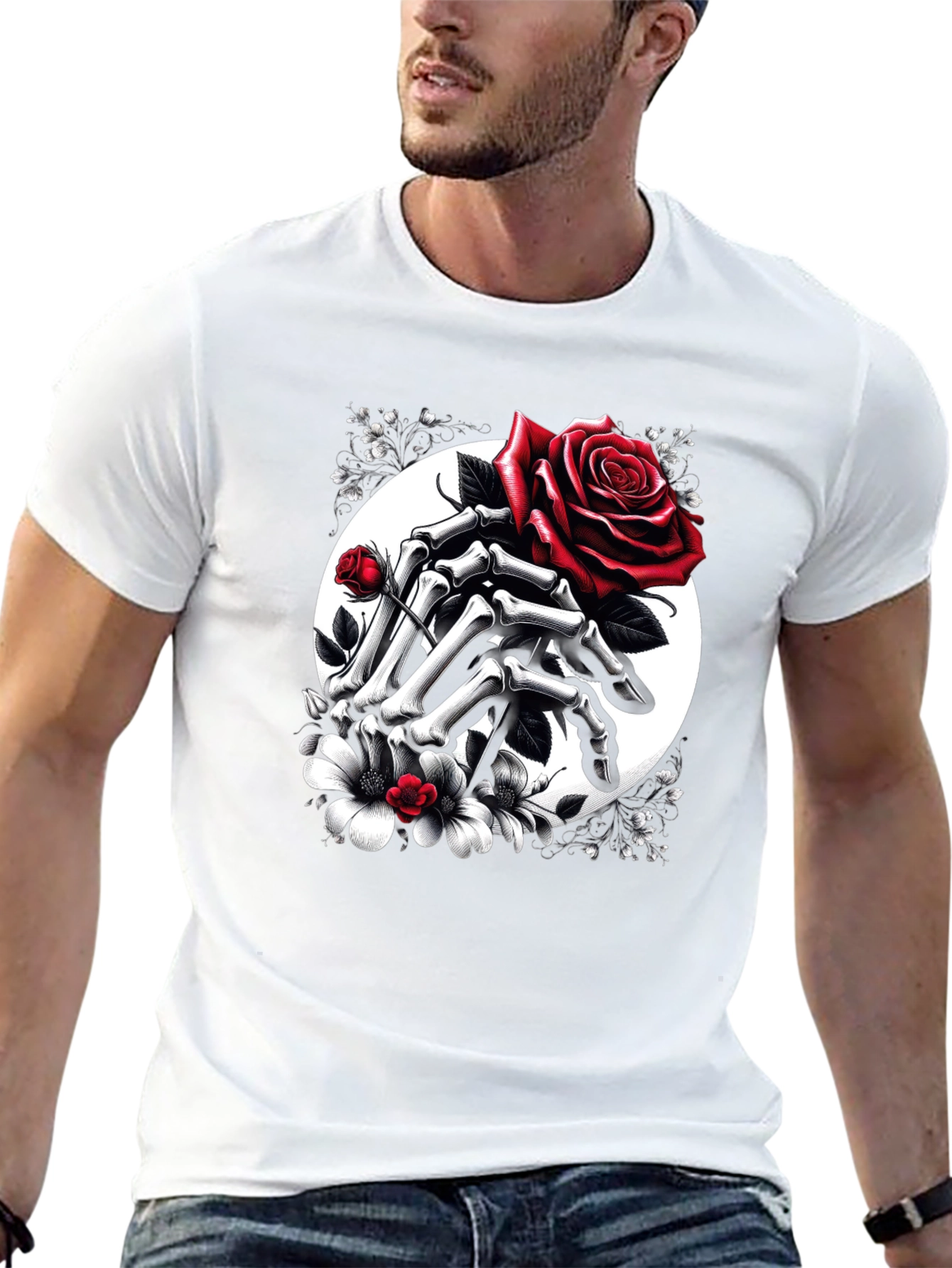 Floral Skull Hands Rose T-Shirt - Gothic Style
