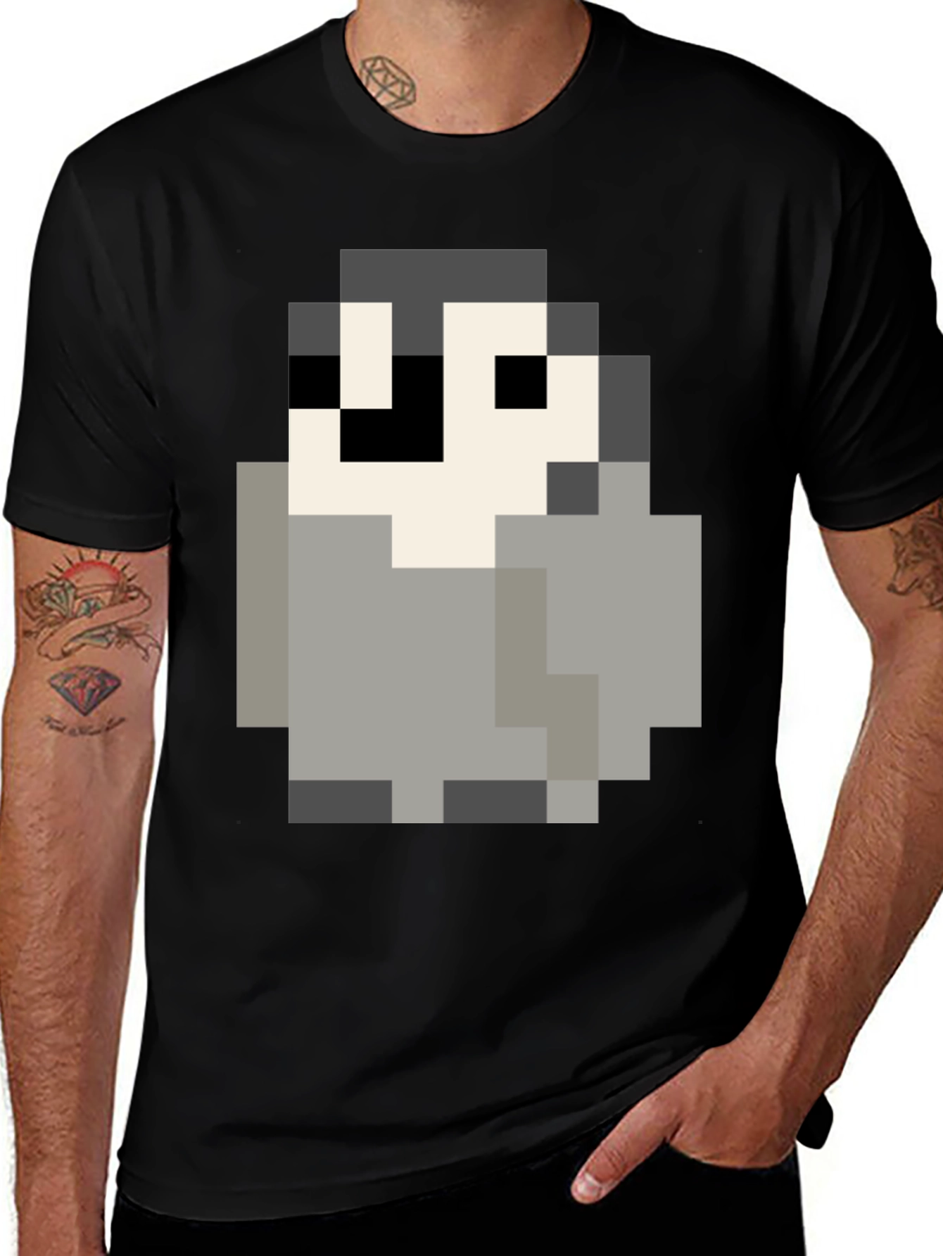 Pixel Art Penguin Graphic Tee - Black