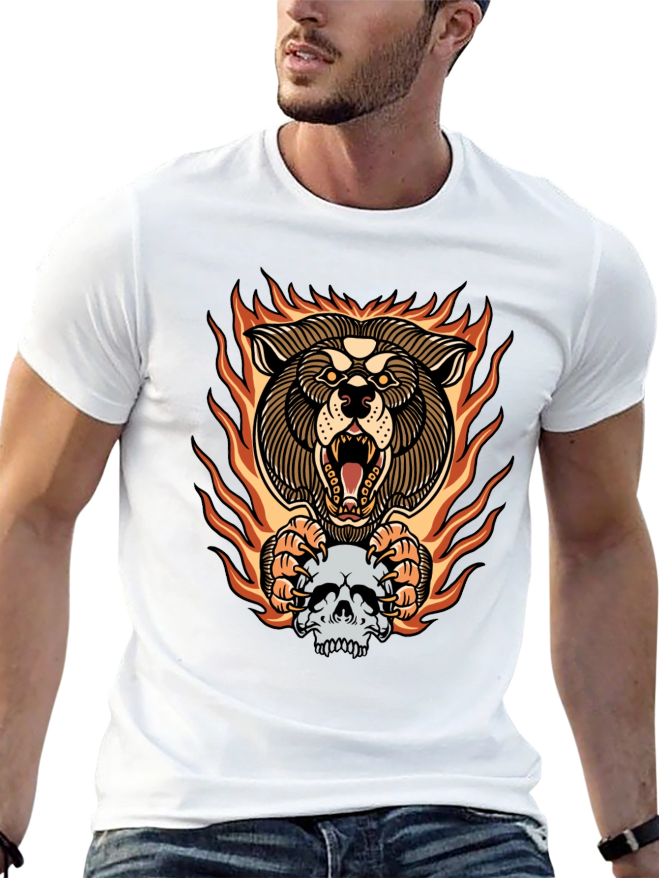 Fiery Wolf Skull Graphic Tee - Bold Black T-Shirt