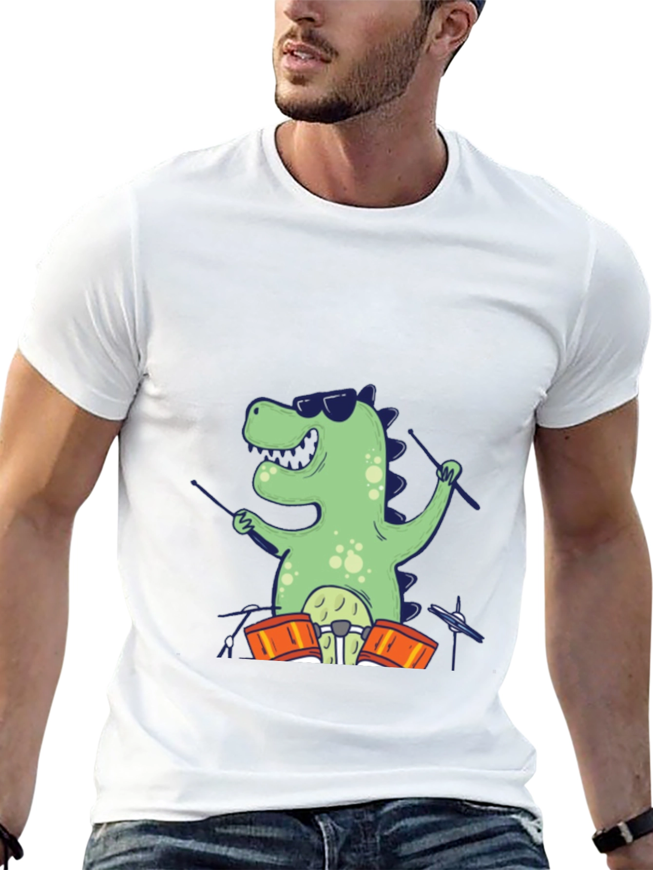 Dino Drummer T-Shirt - Cool Cartoon Design