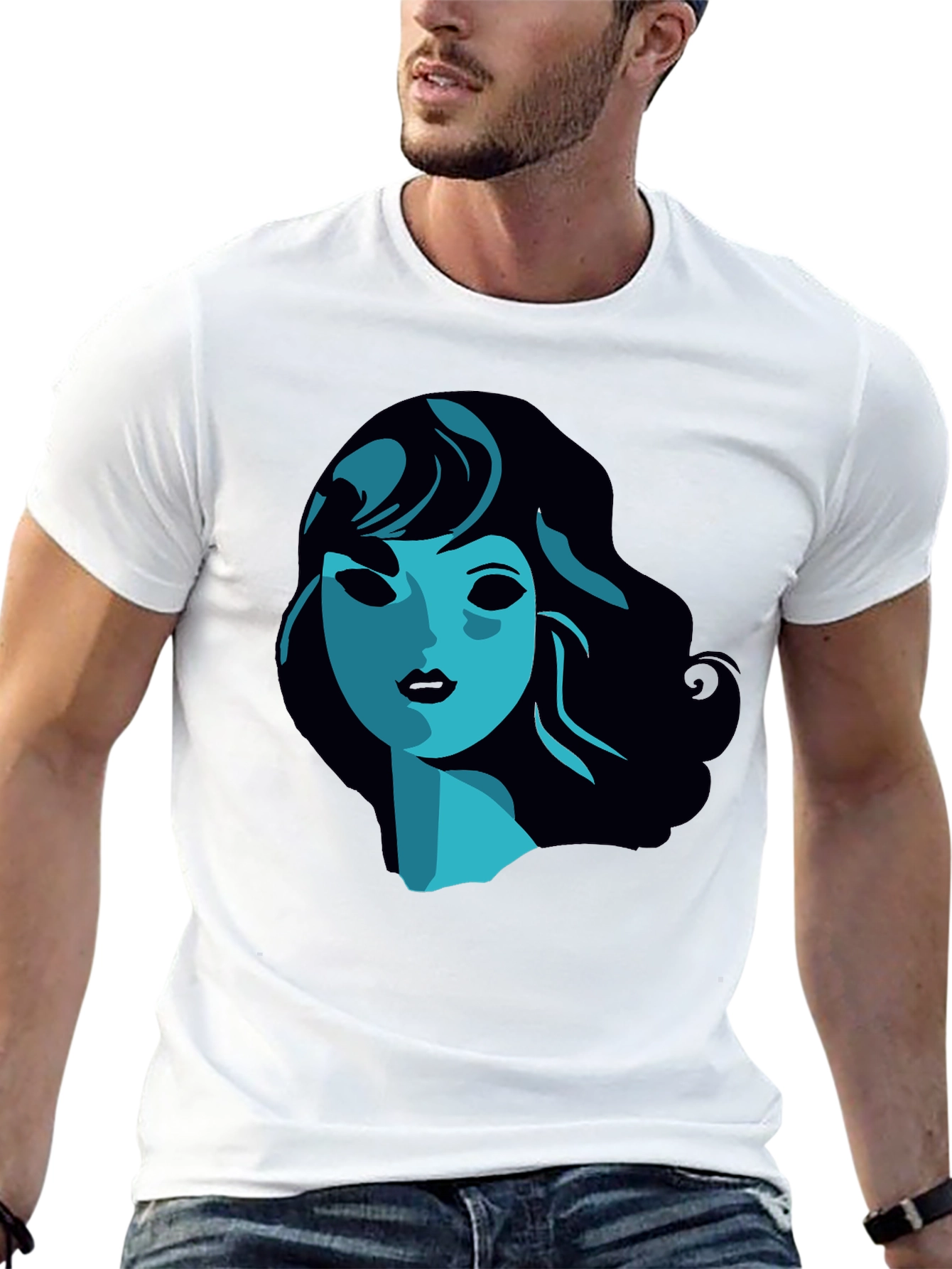 Stylish Graphic Tee - Blue Woman Portrait T-Shirt