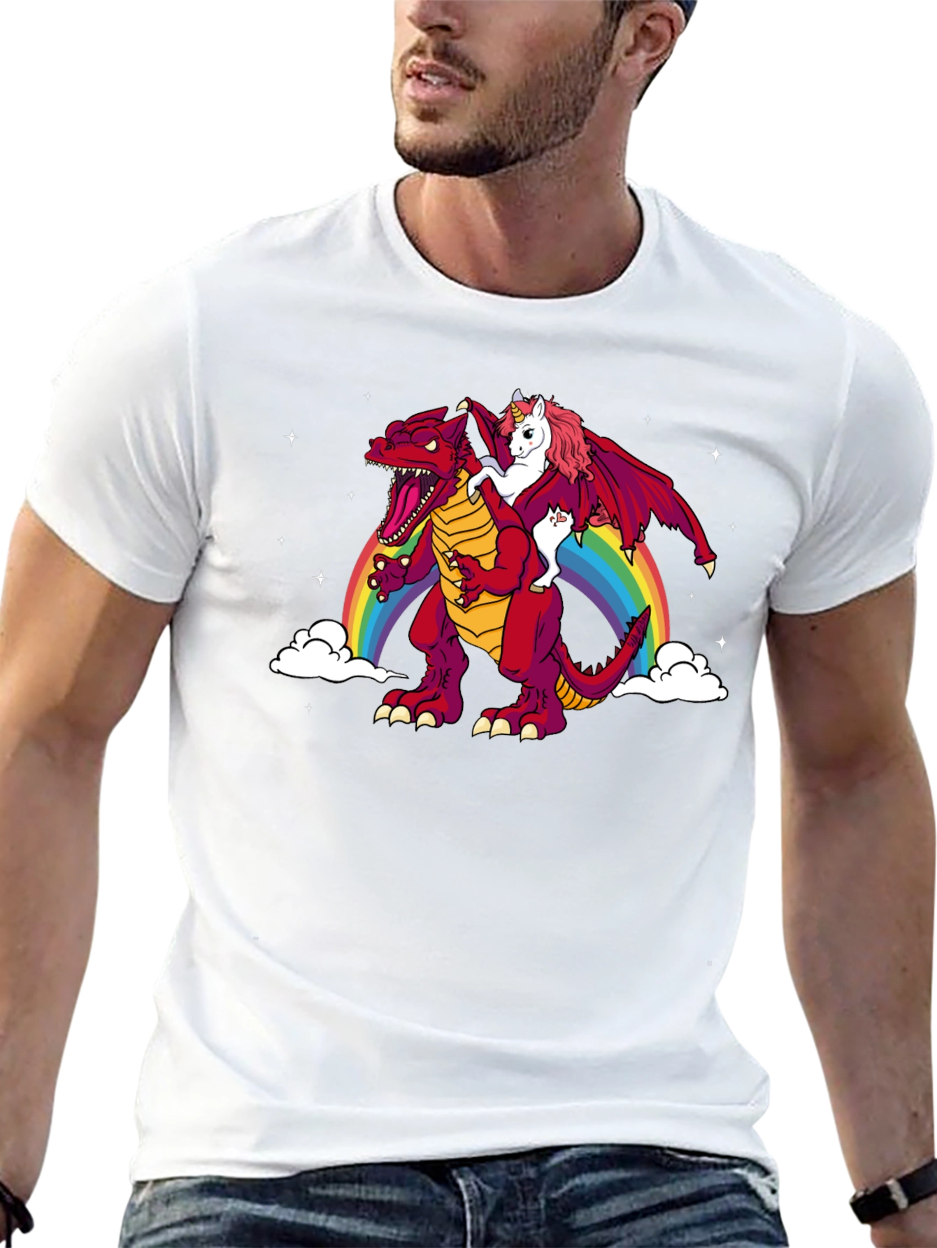 Unicorn Riding Dinosaur Rainbow Graphic T-Shirt