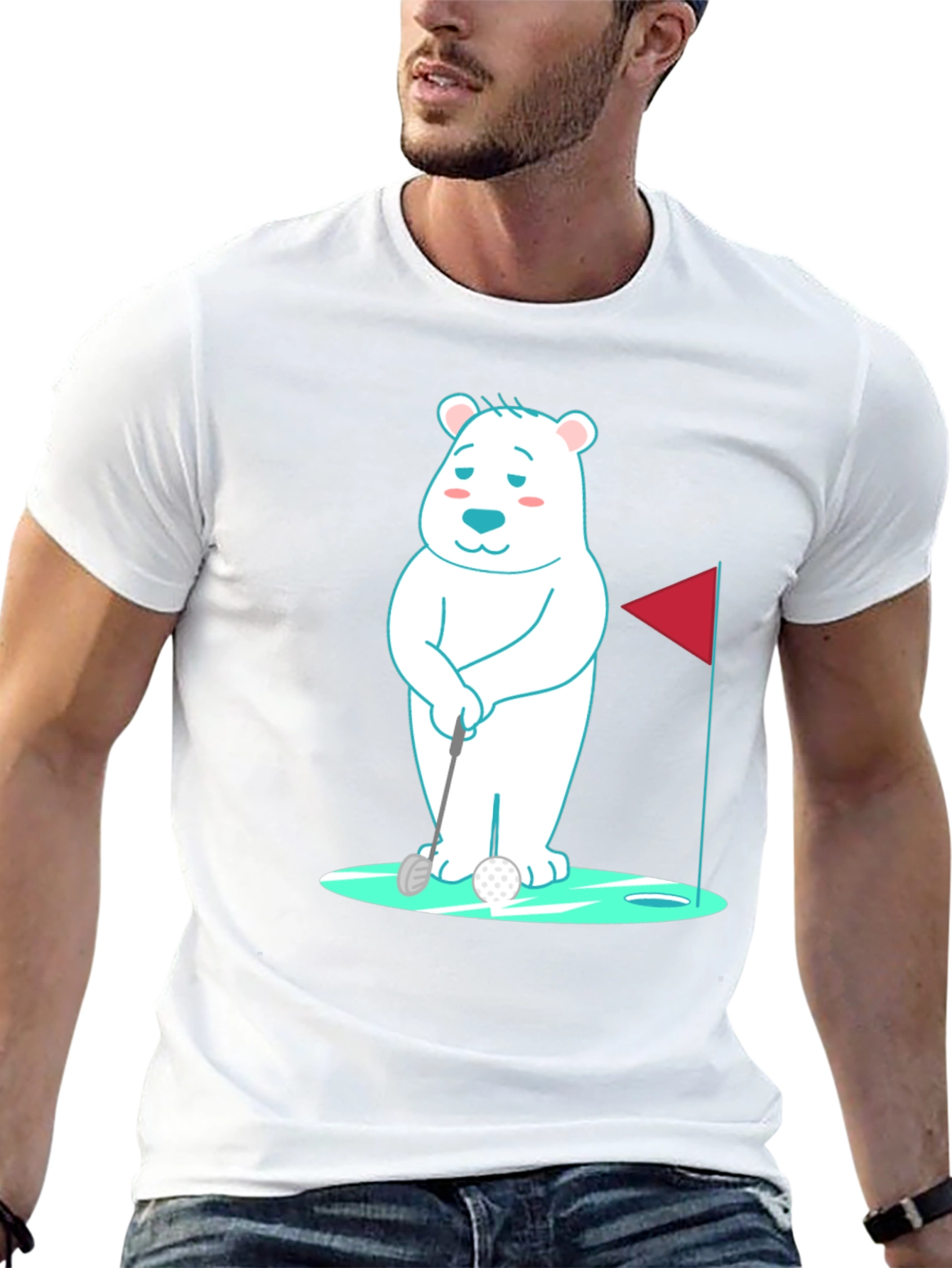 Golfing Bear Graphic Tee - Black Cotton Shirt
