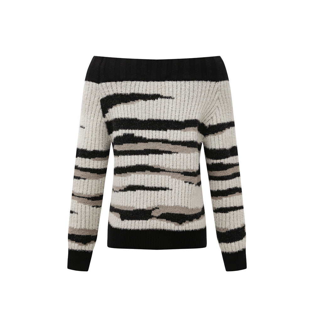 Striped Color-block One-shoulder Knit Sweater Women's Casual Knitwear
