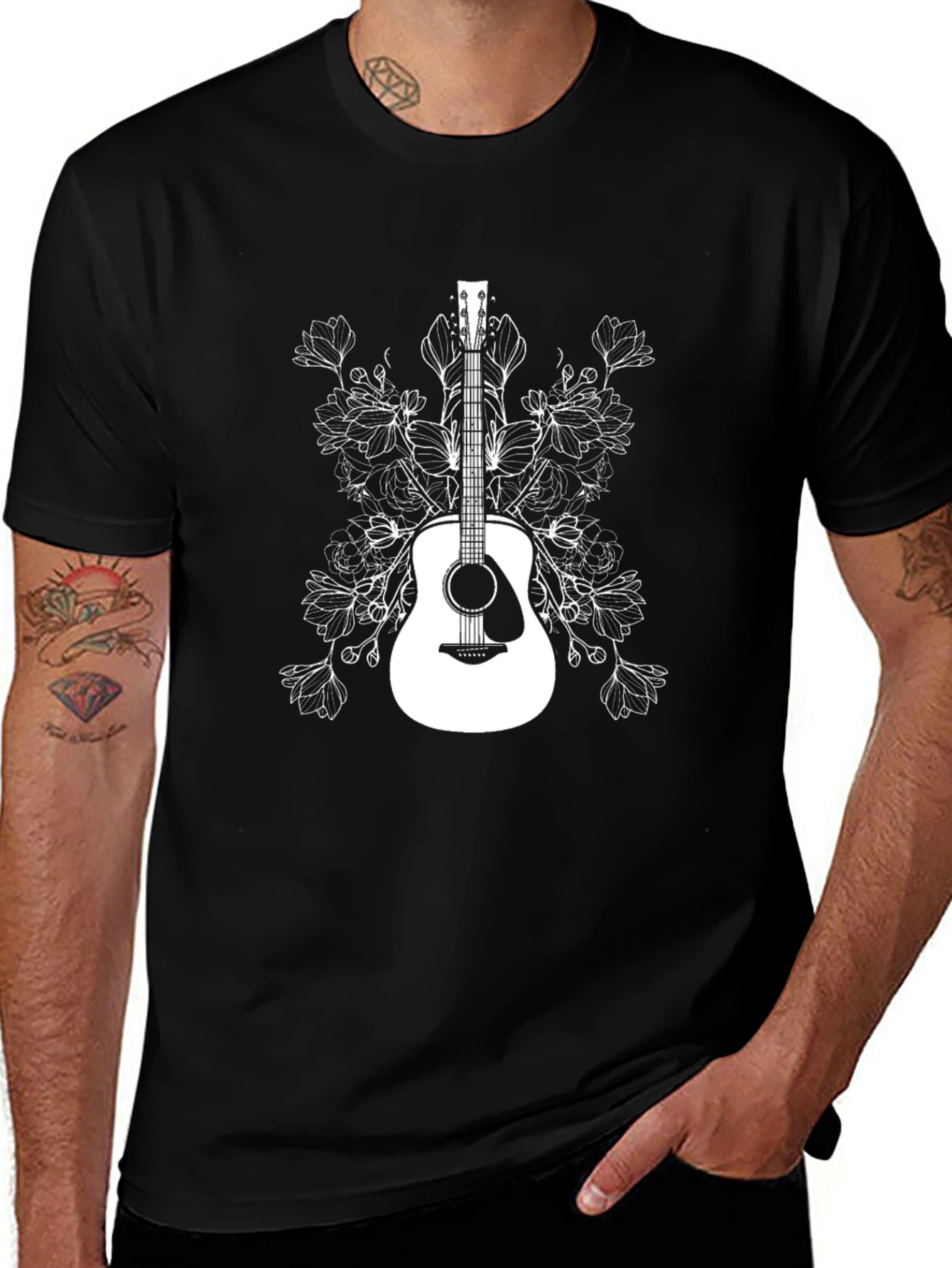 Floral Guitar Graphic T-Shirt - Black Cotton Tee