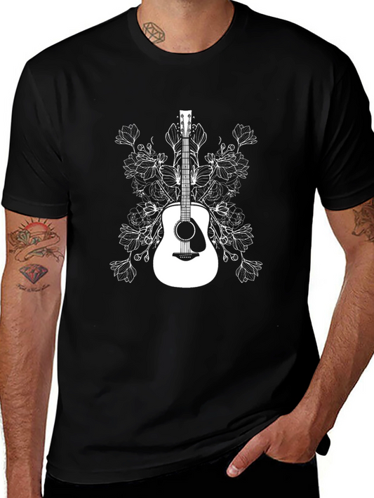 Floral Guitar Graphic T-Shirt - Black Cotton Tee
