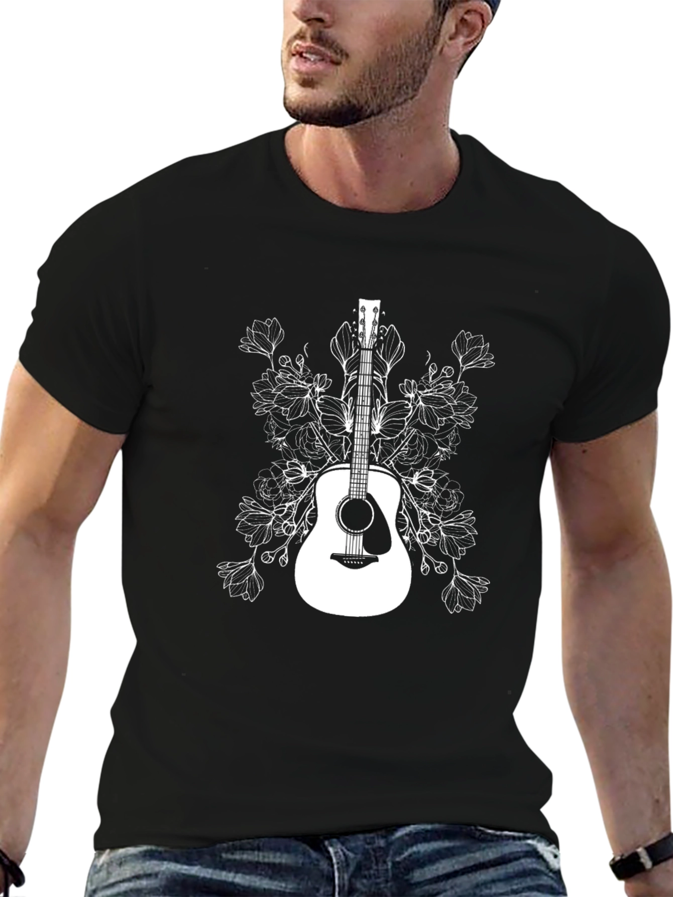 Floral Guitar Graphic T-Shirt - Black Cotton Tee