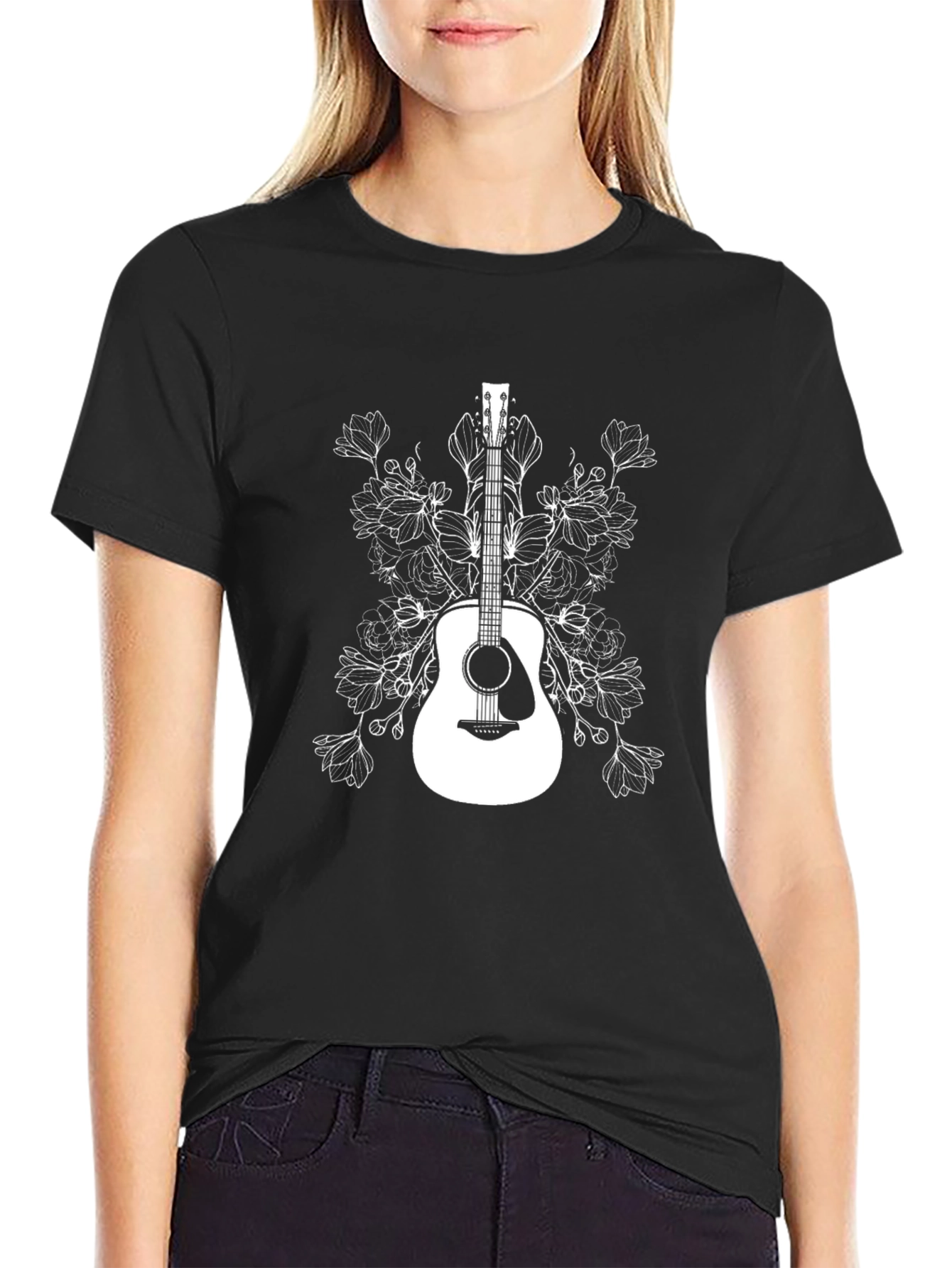 Floral Guitar Graphic T-Shirt - Black Cotton Tee