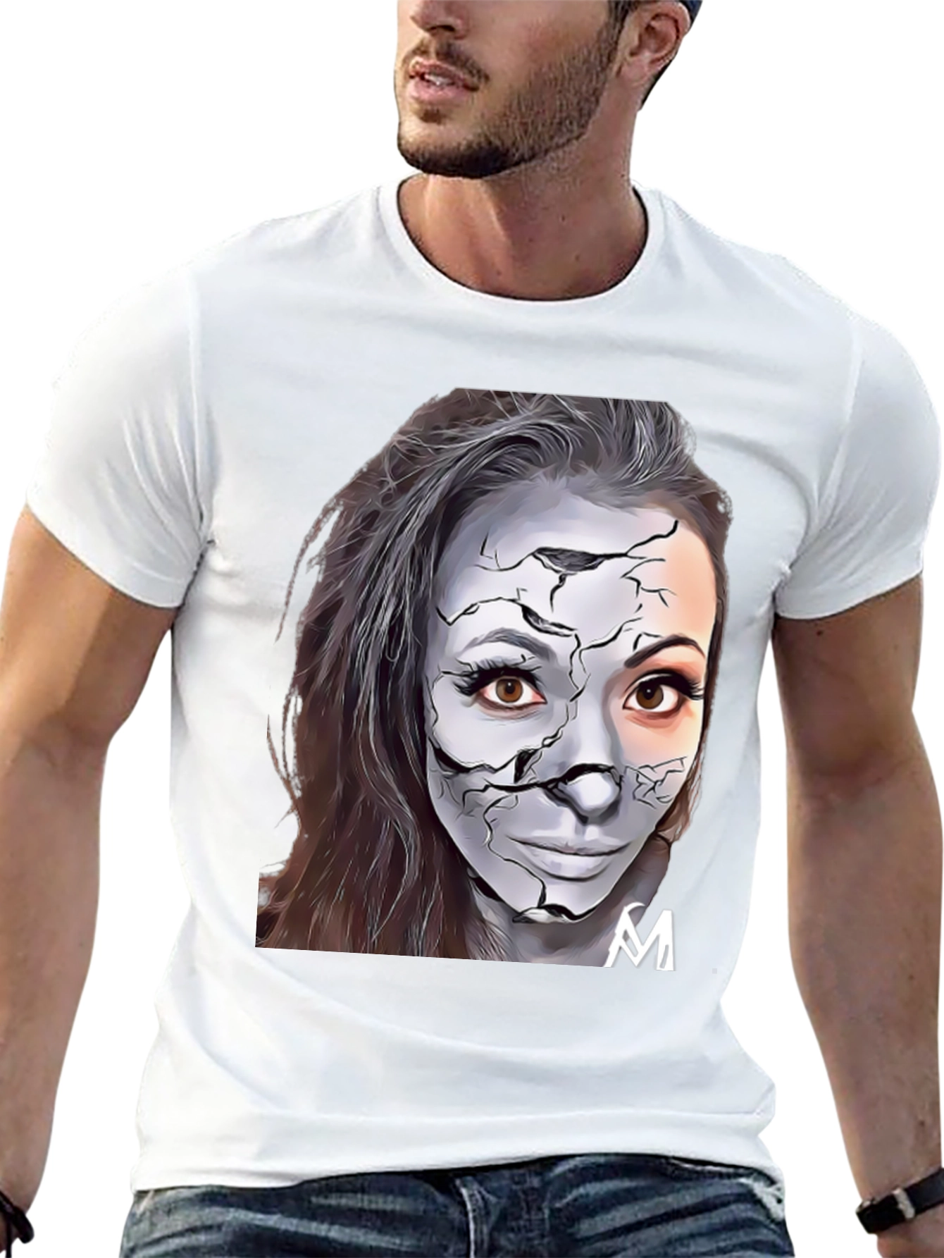 Cracked Face Art Graphic Black T-Shirt