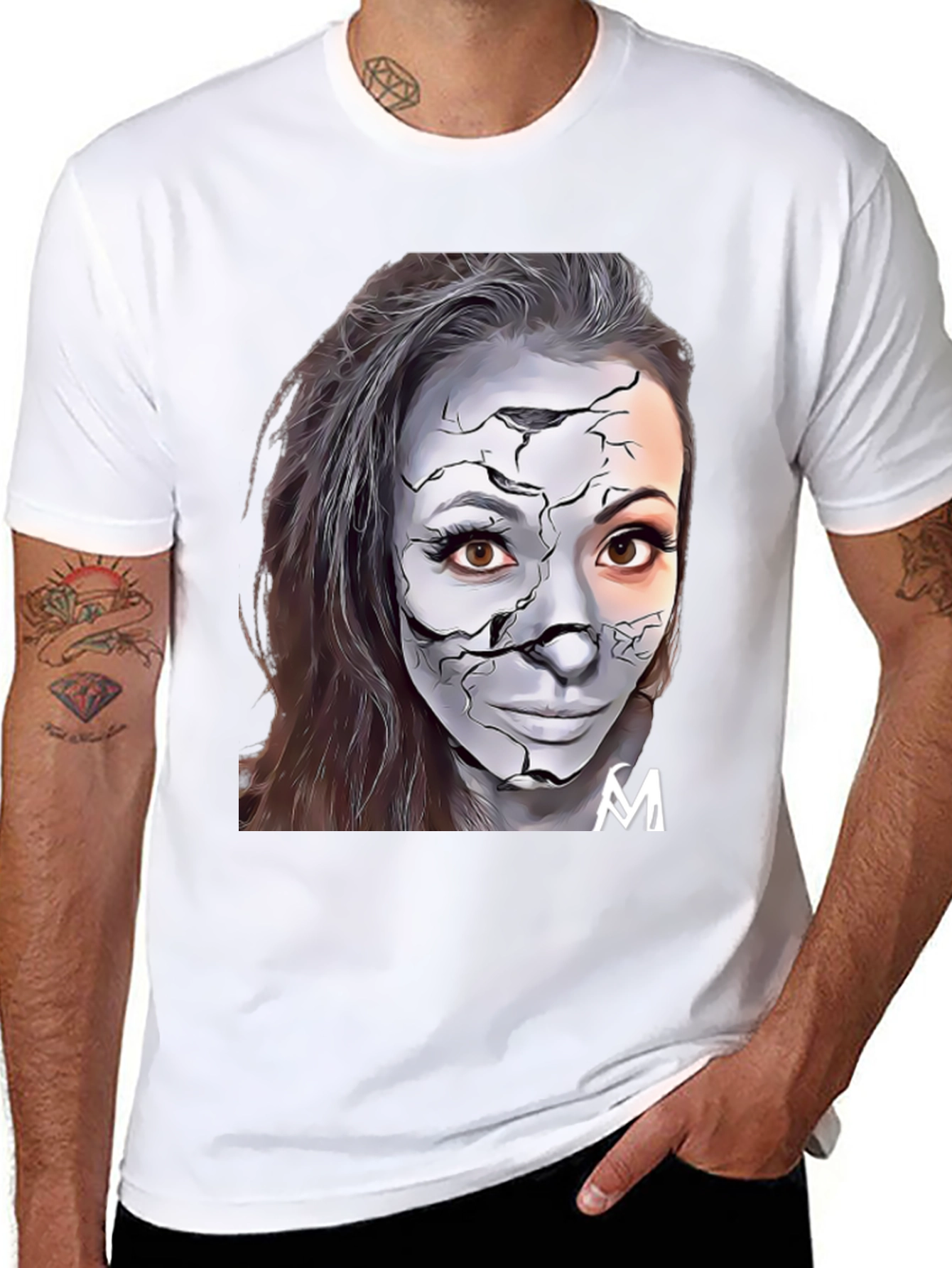 Cracked Face Art Graphic Black T-Shirt