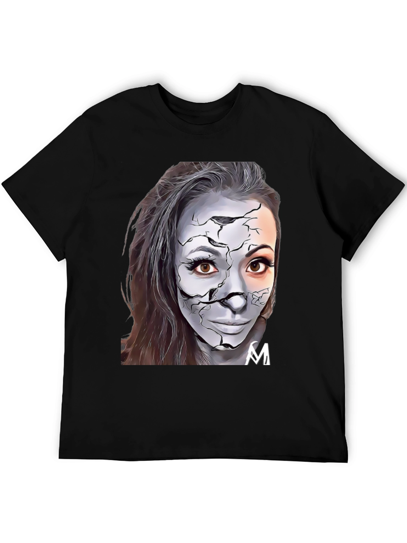 Cracked Face Art Graphic Black T-Shirt