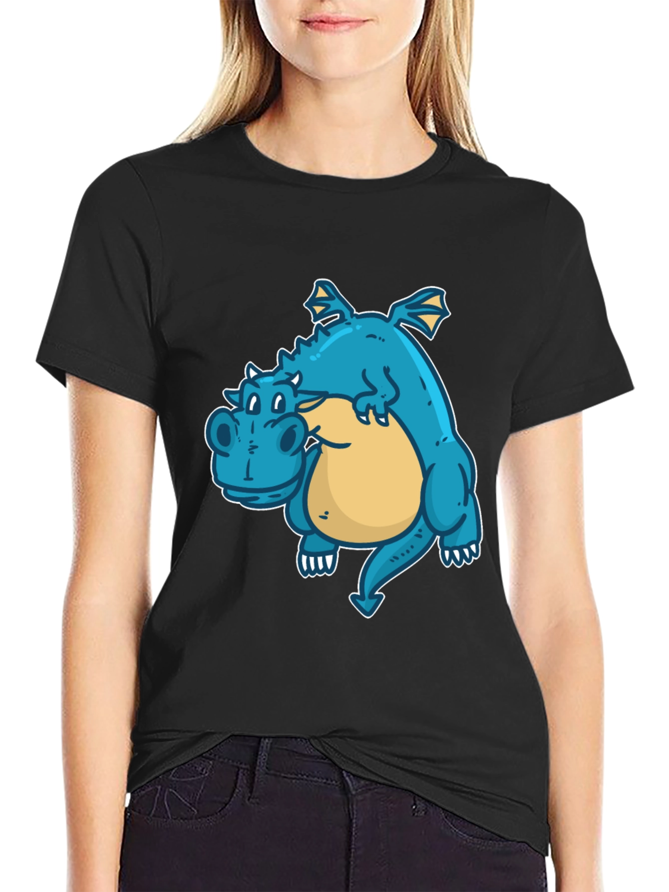 Cartoon Dragon Graphic Tee - Black
