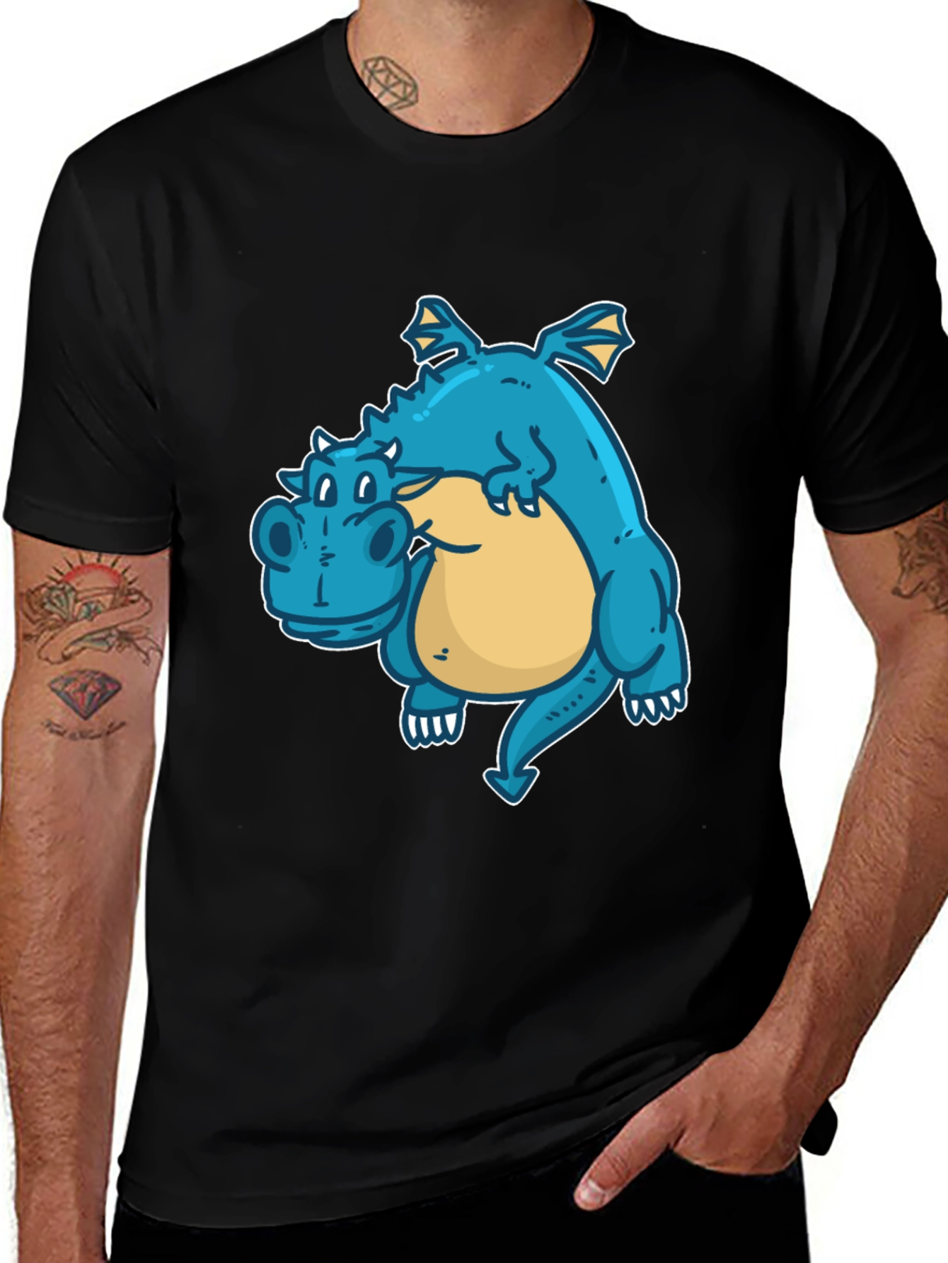 Cartoon Dragon Graphic Tee - Black