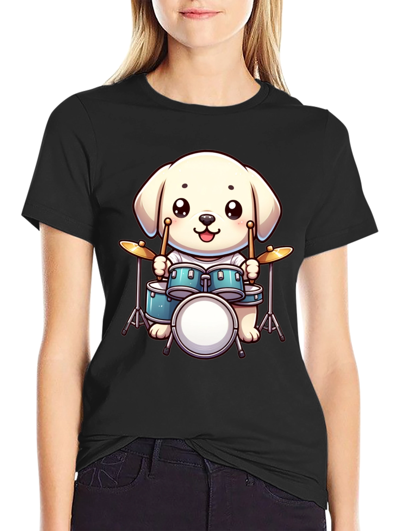 Cute Dog Drummer T-Shirt - Unisex Black Tee