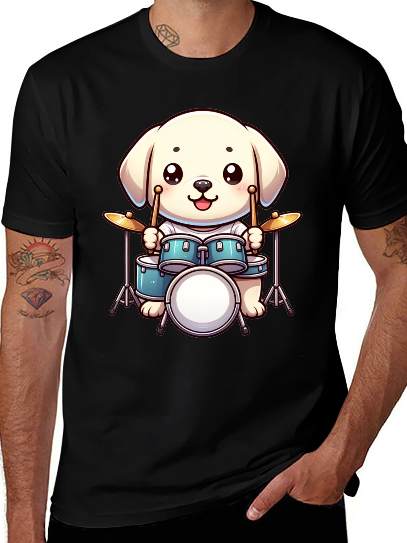 Cute Dog Drummer T-Shirt - Unisex Black Tee