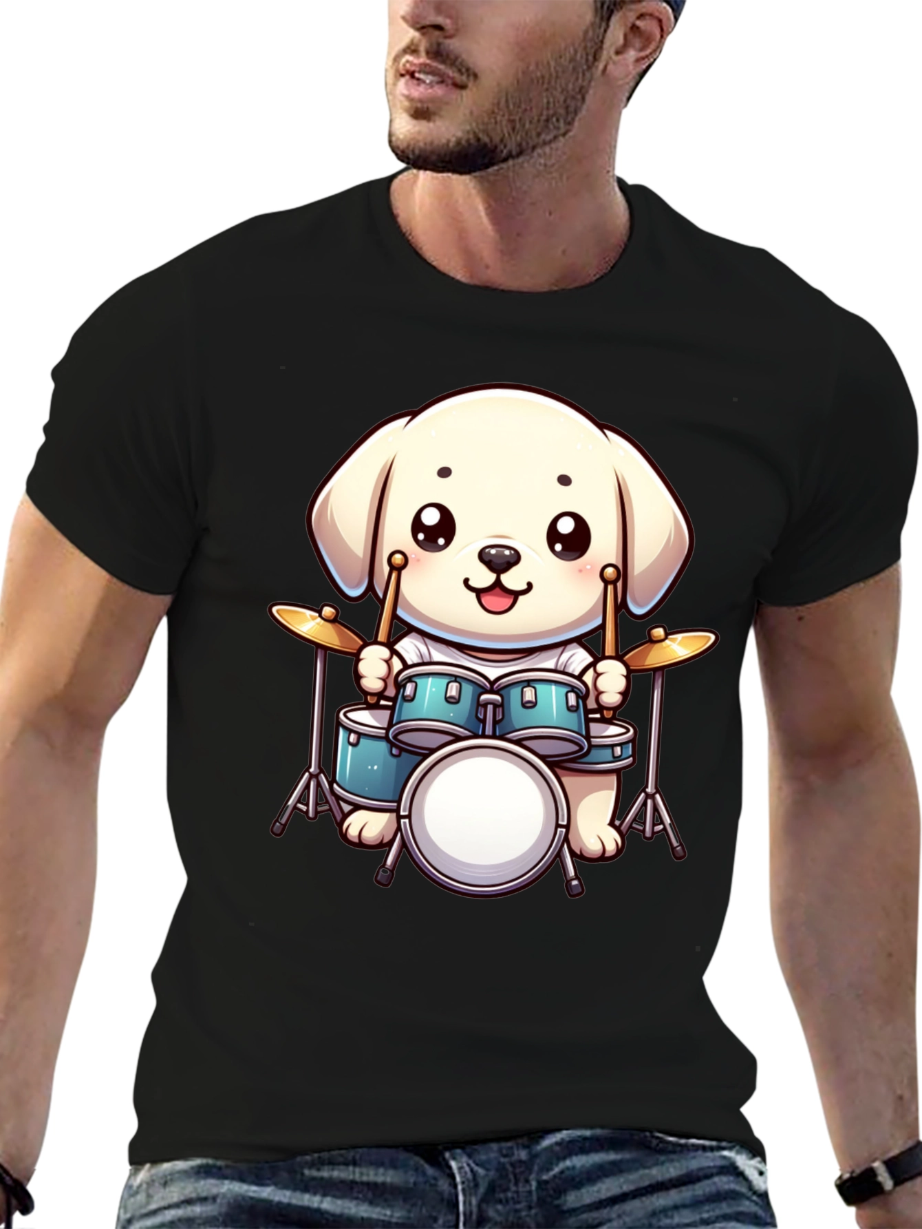 Cute Dog Drummer T-Shirt - Unisex Black Tee