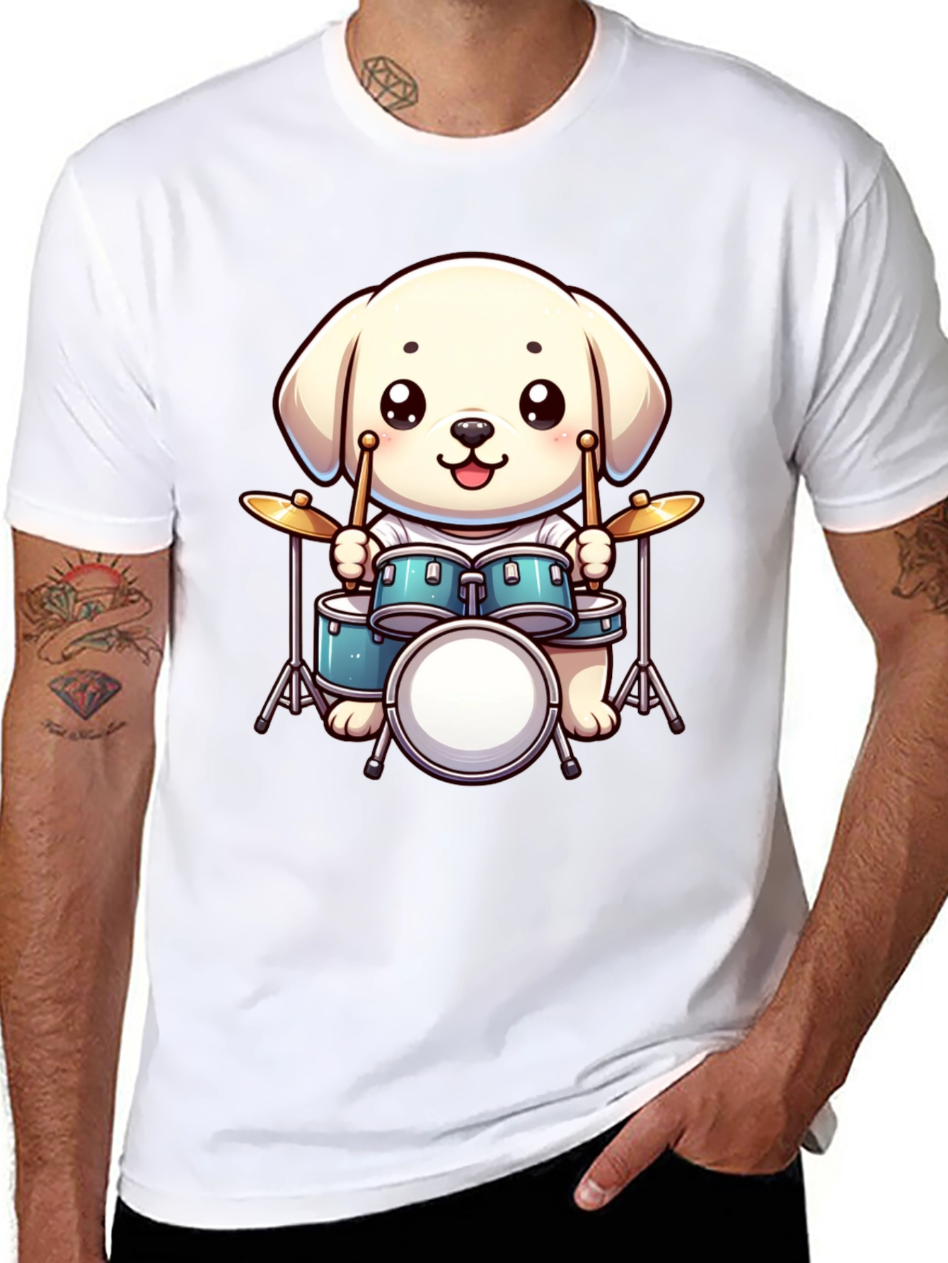 Cute Dog Drummer T-Shirt - Unisex Black Tee