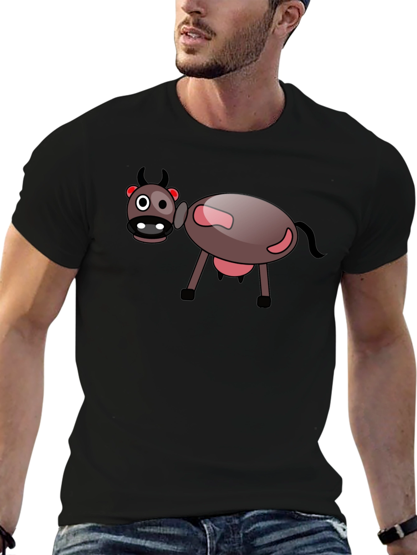 Cartoon Cow Graphic Black T-Shirt