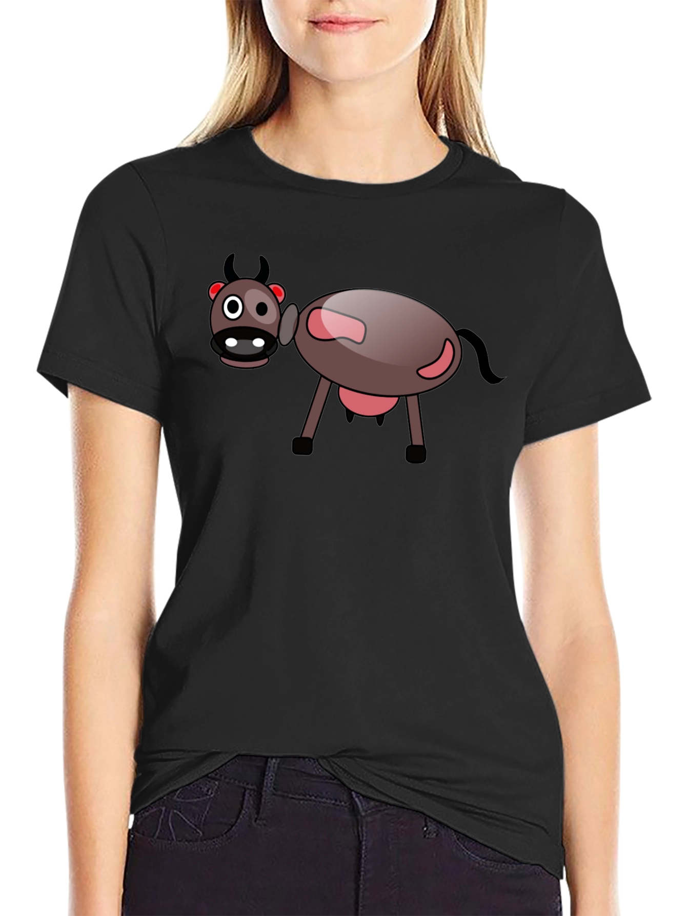 Cartoon Cow Graphic Black T-Shirt