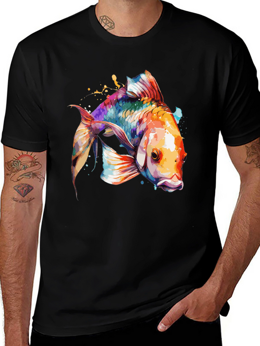 Watercolor Koi Fish Graphic Tee - Black Cotton Casual Shirt