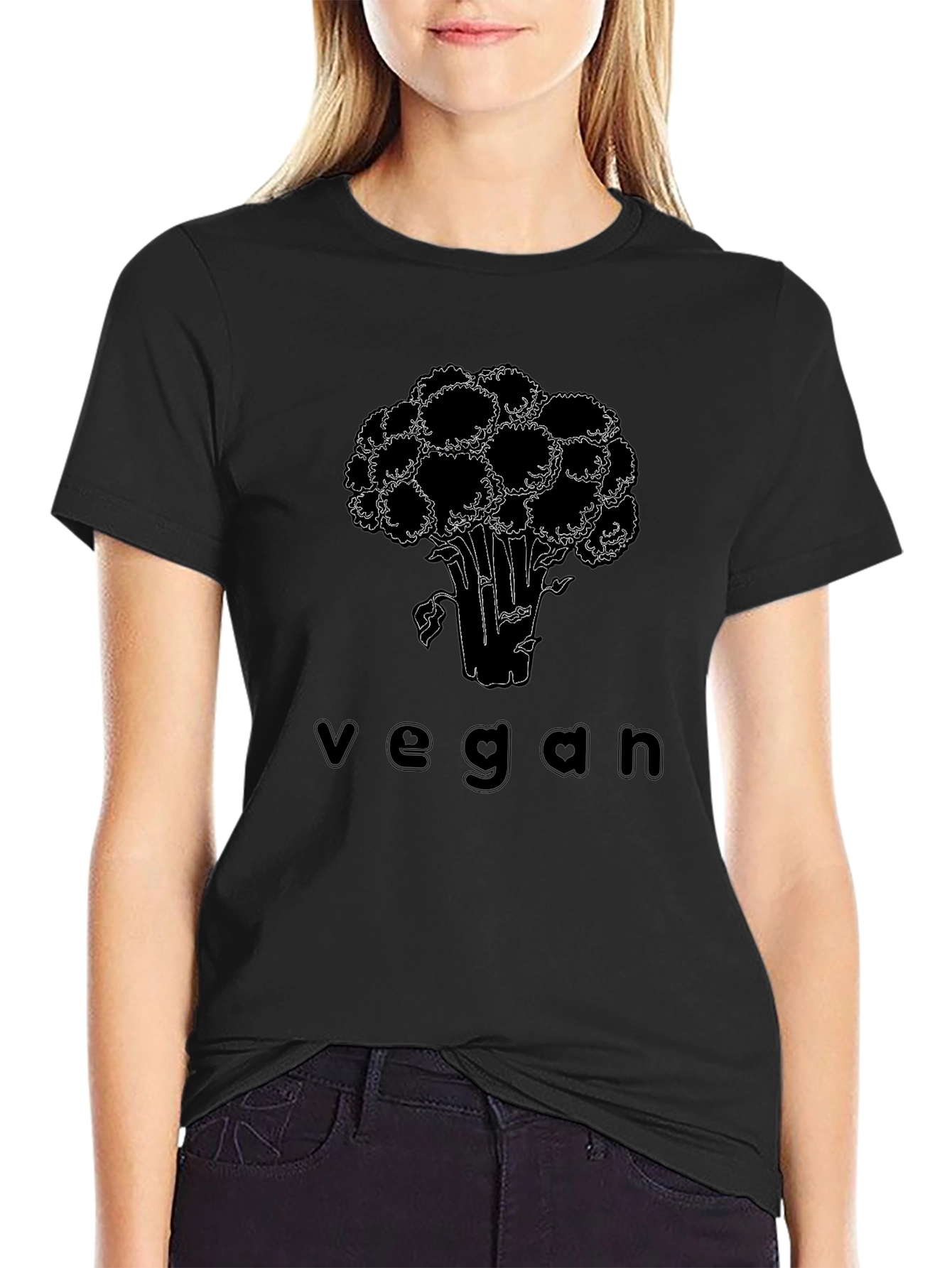 Vegan Broccoli Graphic Tee - Black Cotton Casual T-Shirt
