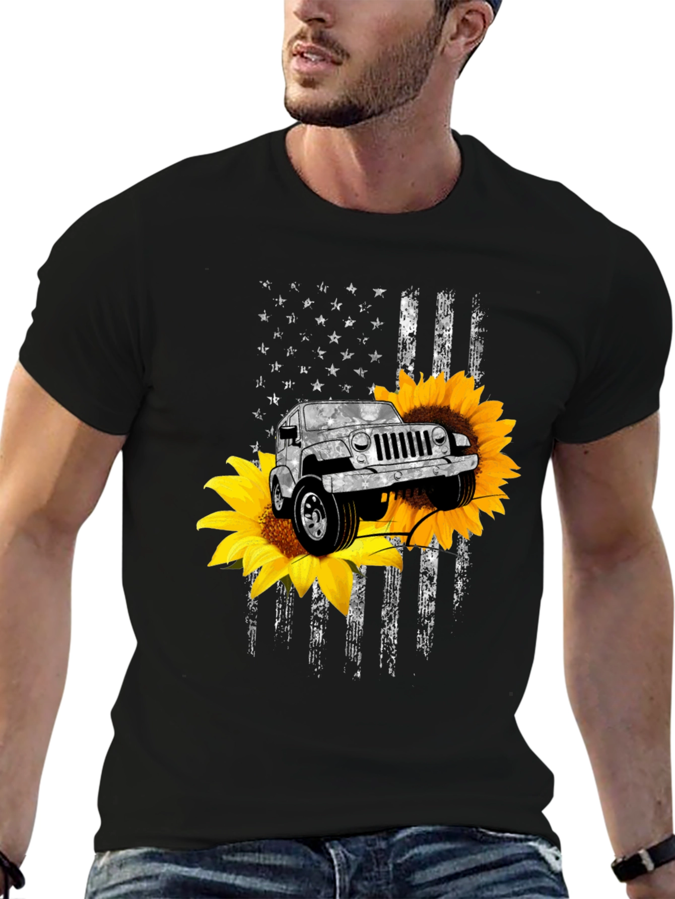 American Flag Sunflower Jeep Graphic Tee