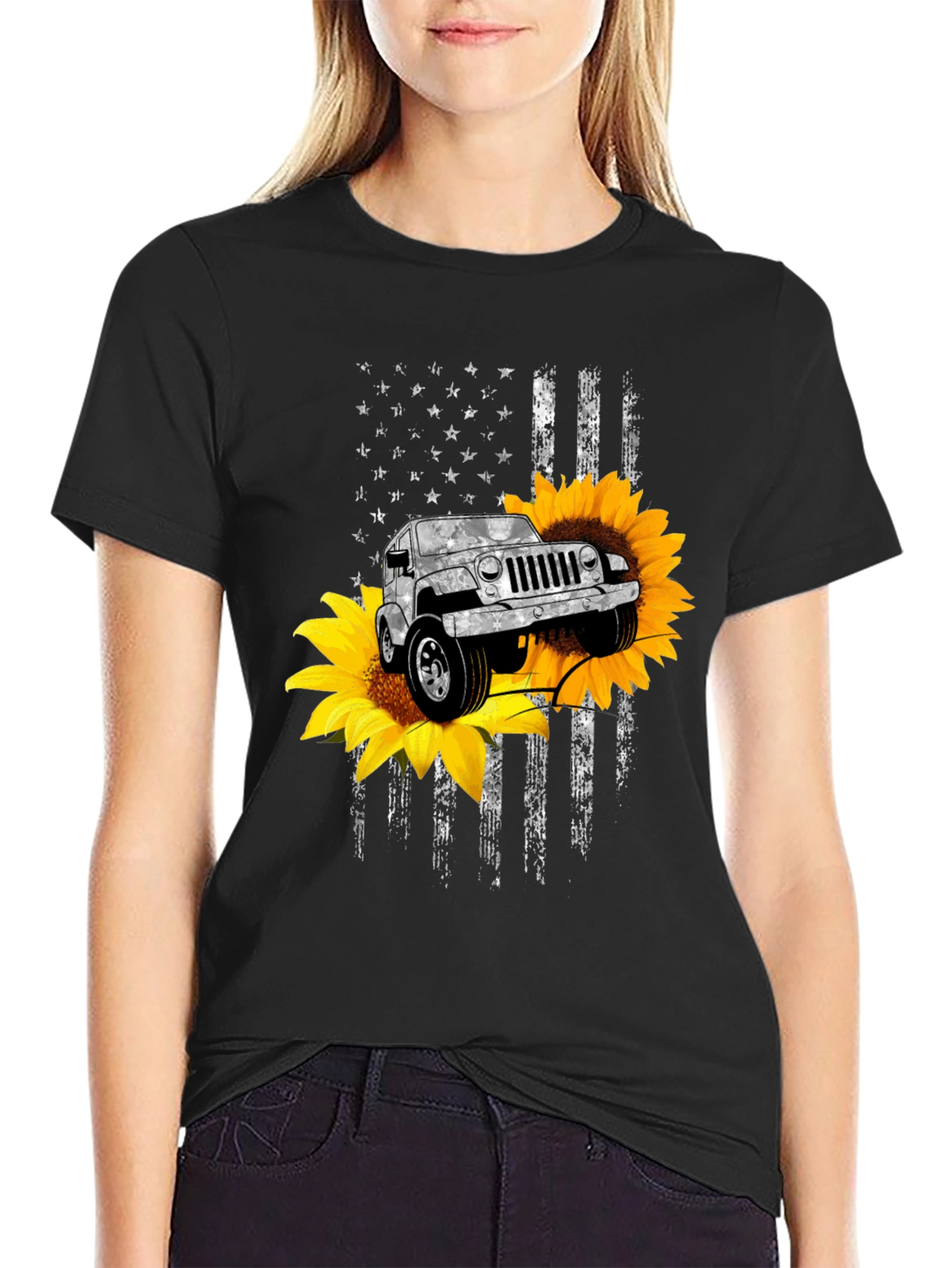American Flag Sunflower Jeep Graphic Tee