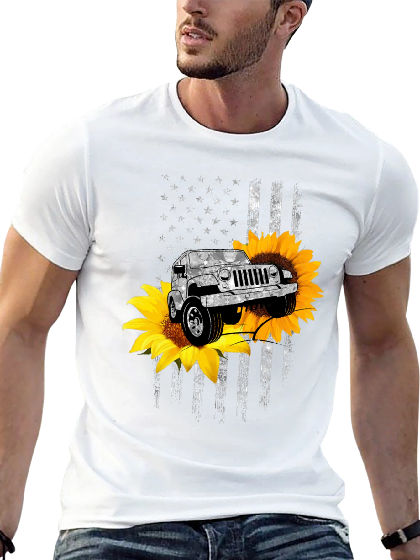 American Flag Sunflower Jeep Graphic Tee