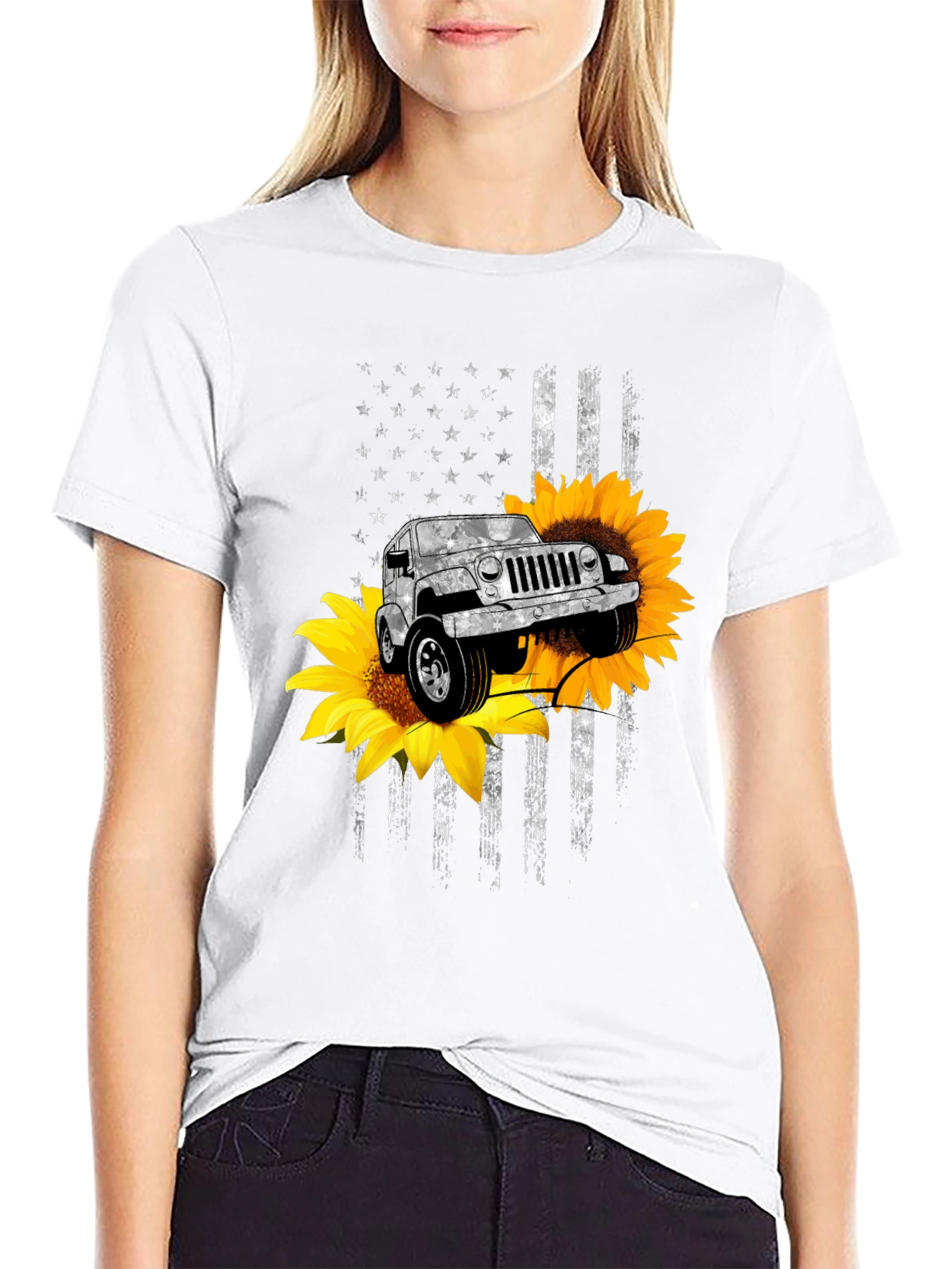 American Flag Sunflower Jeep Graphic Tee