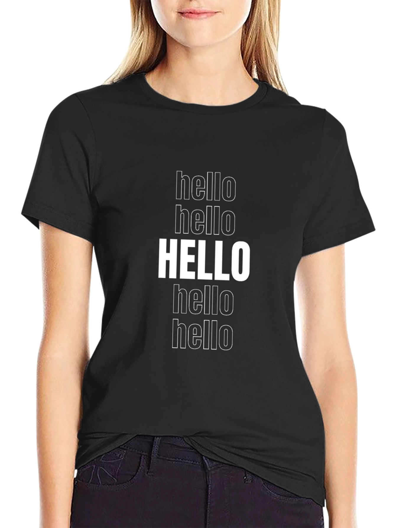 Hello Graphic Print Crew Neck T-Shirt - Black
