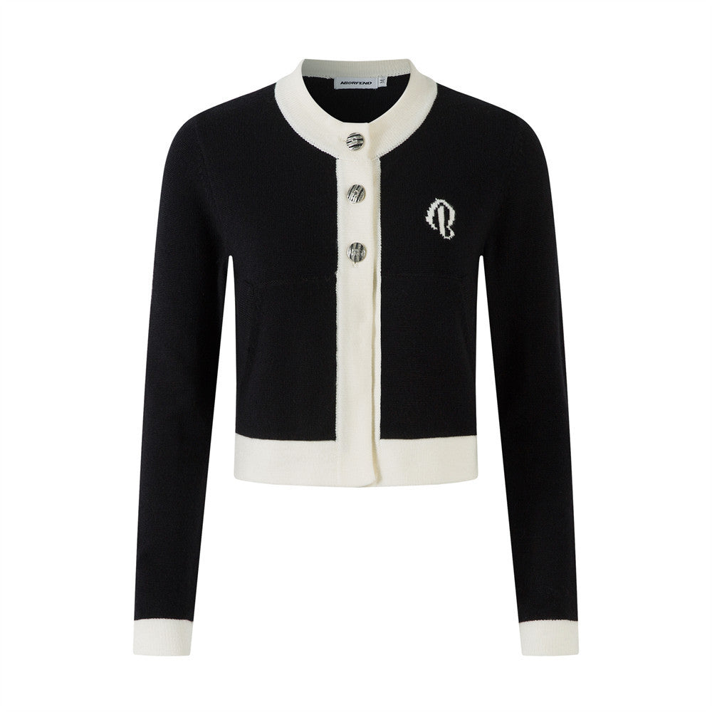 Short Length Long Sleeve Knit Cardigan  Color Block Round Neck Buttoned Sweater