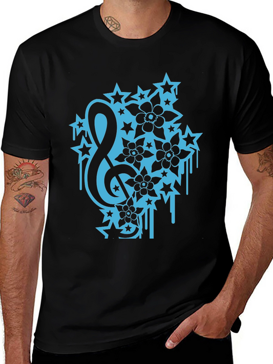 Black Tee with Treble Clef Stars & Flowers Graphic