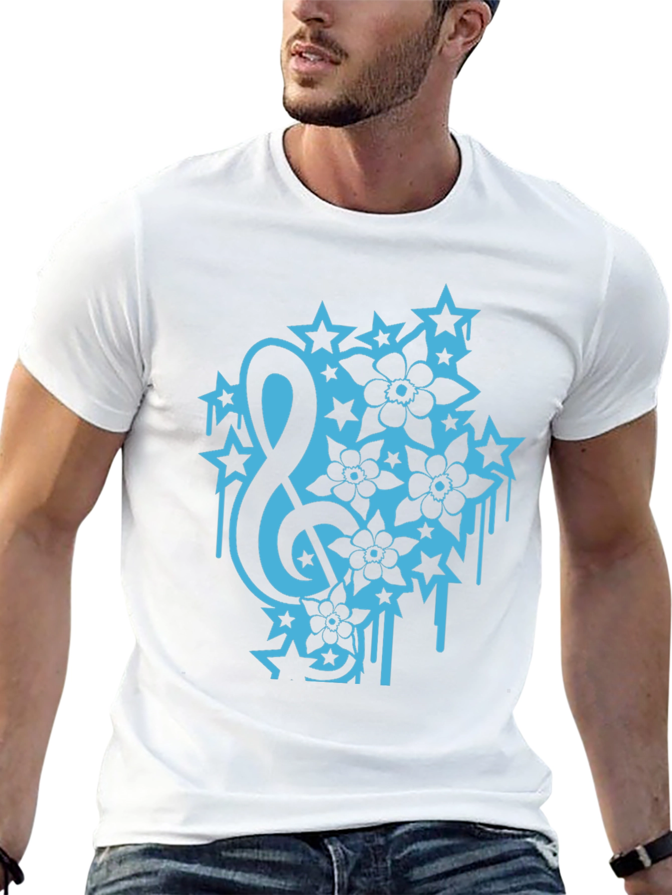 Black Tee with Treble Clef Stars & Flowers Graphic