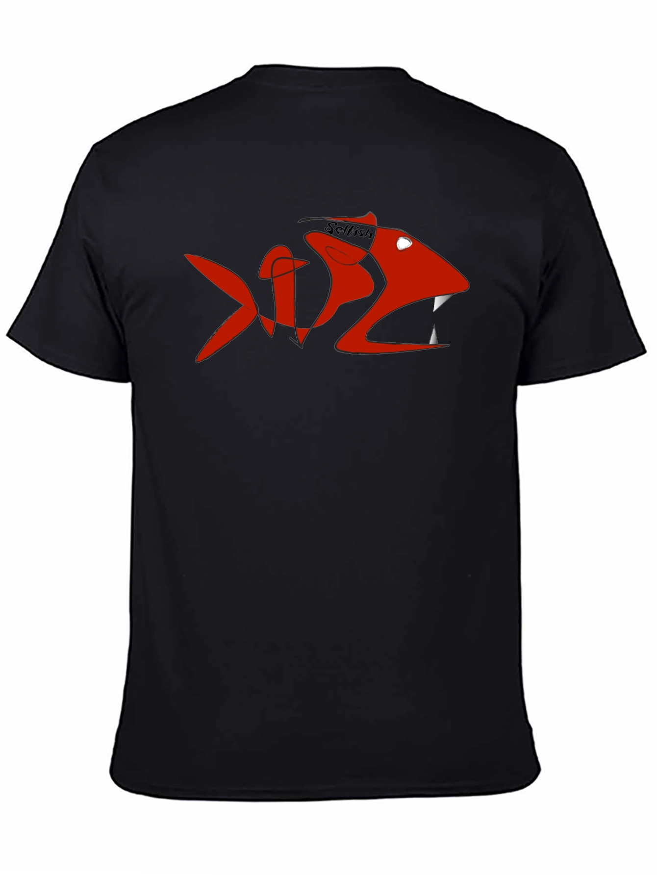 Mens Black Tee with Red Selfish Fish Design