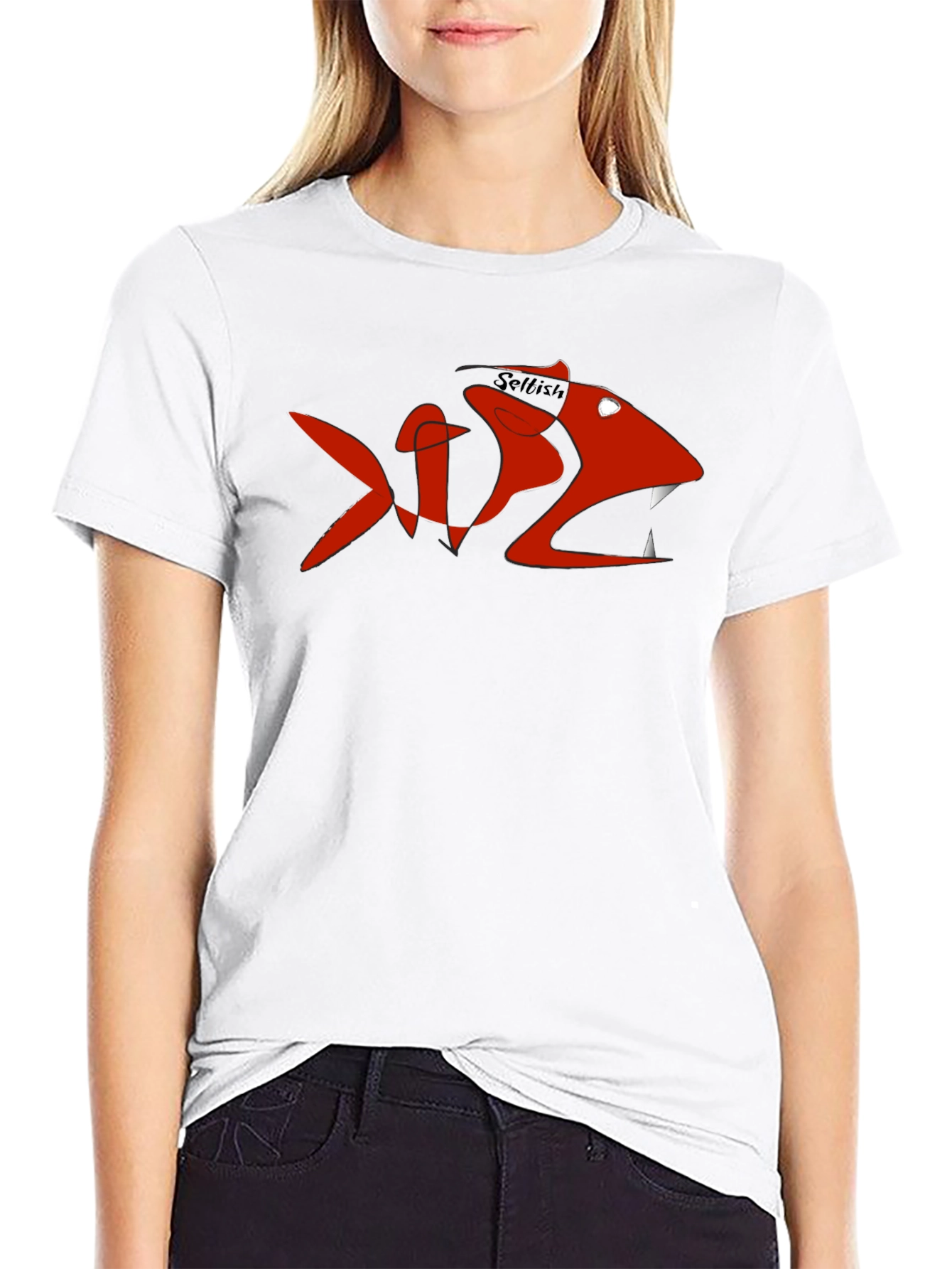 Mens Black Tee with Red Selfish Fish Design