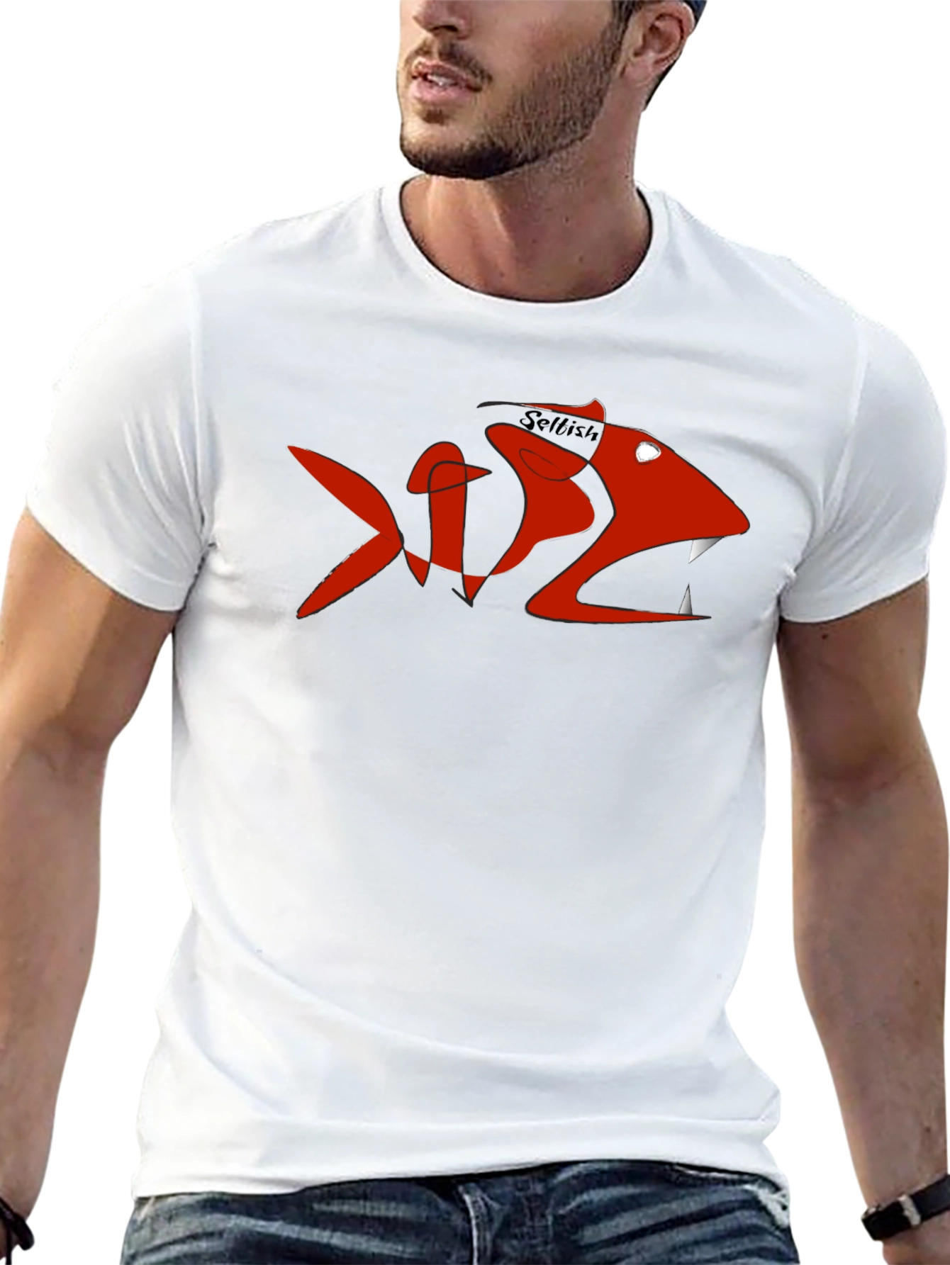 Mens Black Tee with Red Selfish Fish Design