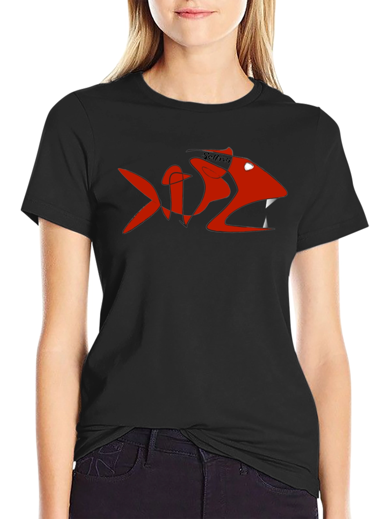Mens Black Tee with Red Selfish Fish Design