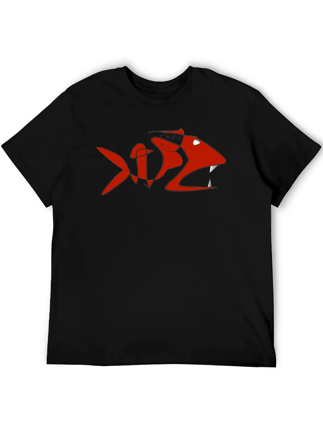 Mens Black Tee with Red Selfish Fish Design