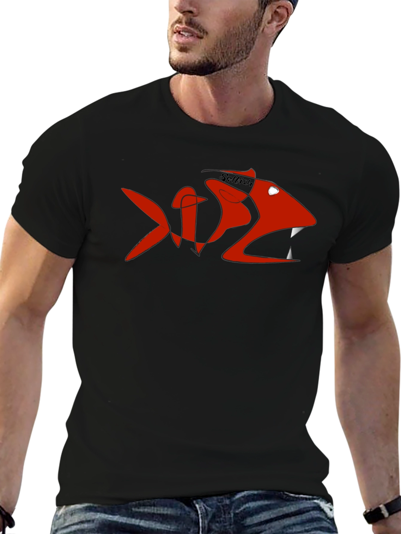 Mens Black Tee with Red Selfish Fish Design