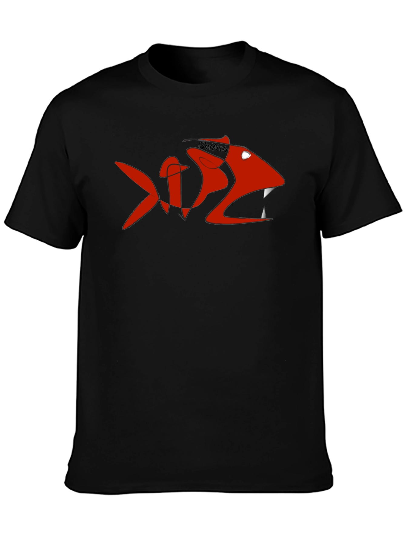 Mens Black Tee with Red Selfish Fish Design