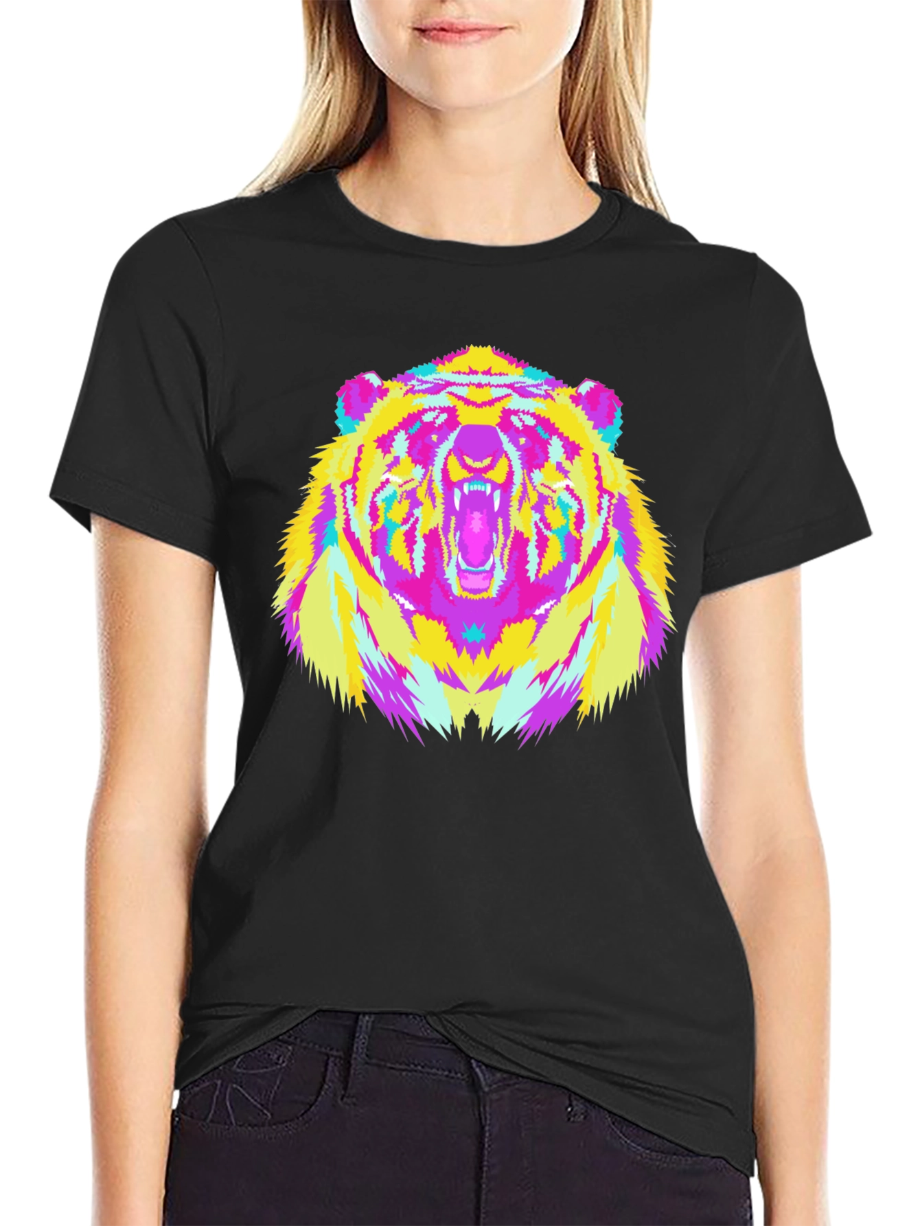 Vibrant Bear Graphic Tee - Black Cotton Blend