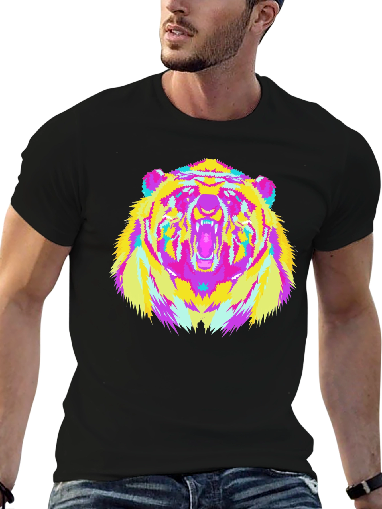 Vibrant Bear Graphic Tee - Black Cotton Blend