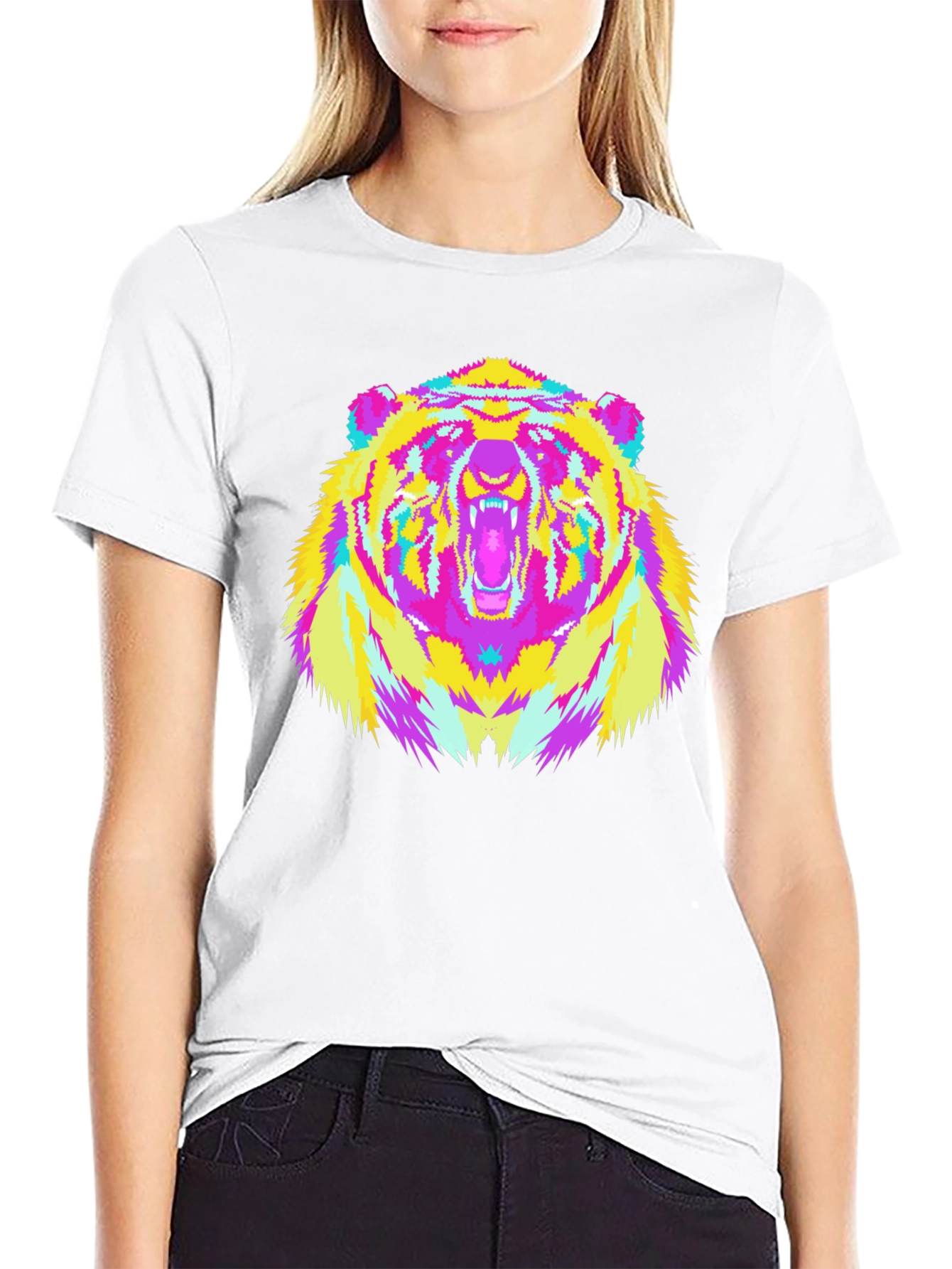 Vibrant Bear Graphic Tee - Black Cotton Blend