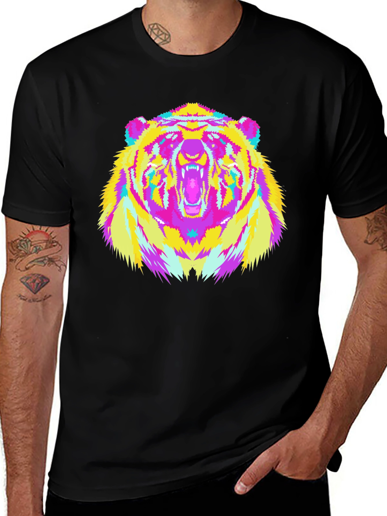 Vibrant Bear Graphic Tee - Black Cotton Blend