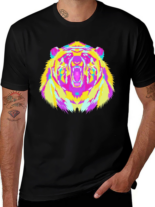 Vibrant Bear Graphic Tee - Black Cotton Blend