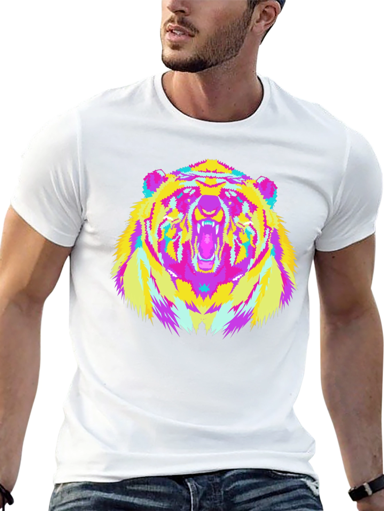 Vibrant Bear Graphic Tee - Black Cotton Blend