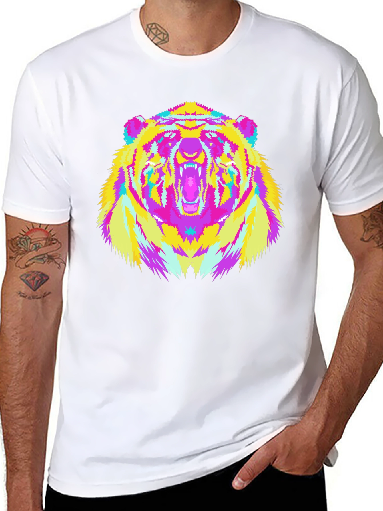 Vibrant Bear Graphic Tee - Black Cotton Blend