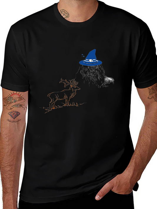 Mystical Deer & Wizard Graphic Tee - Black Cotton Blend