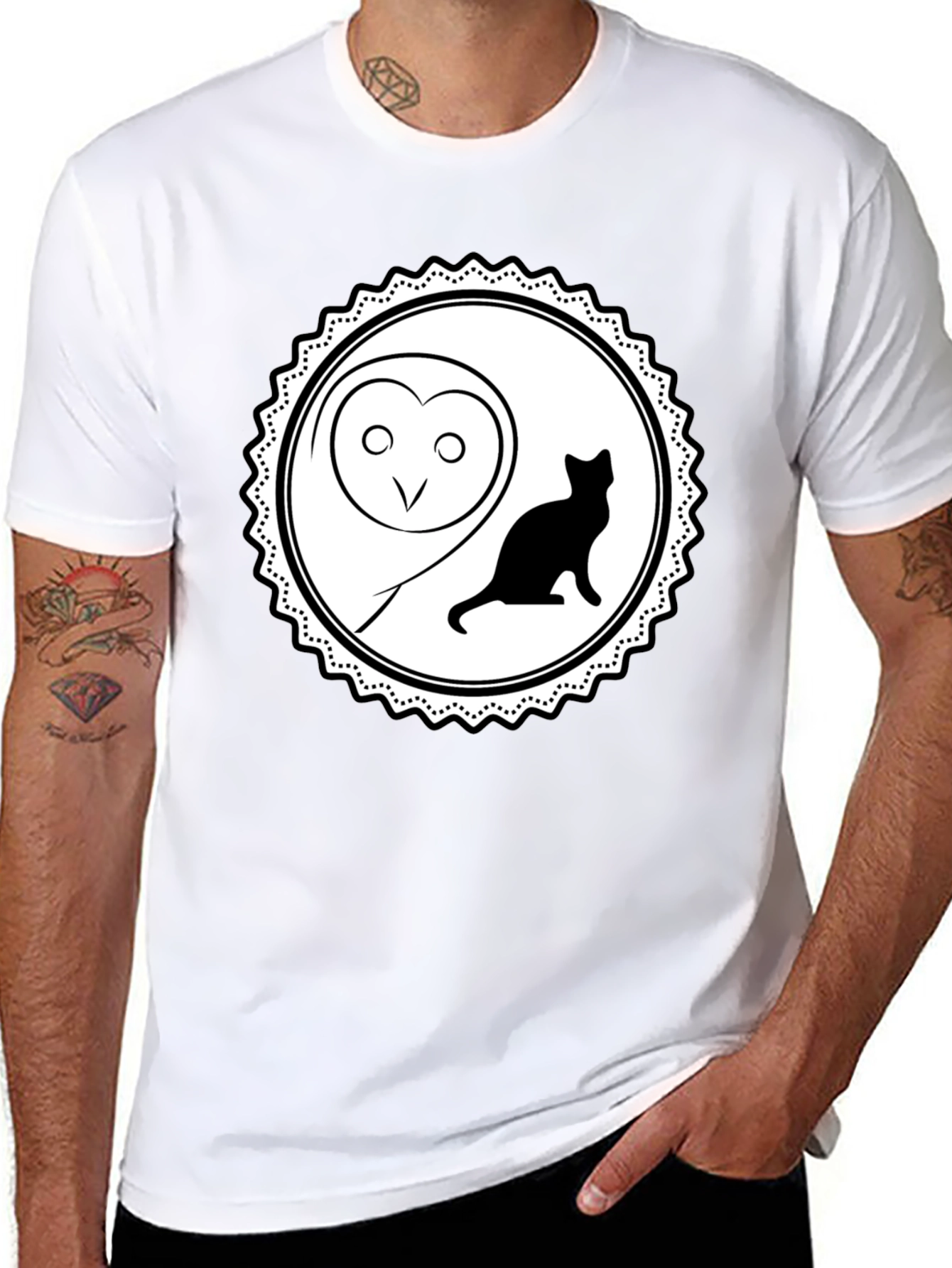Owl and Cat Graphic Tee - Black Cotton