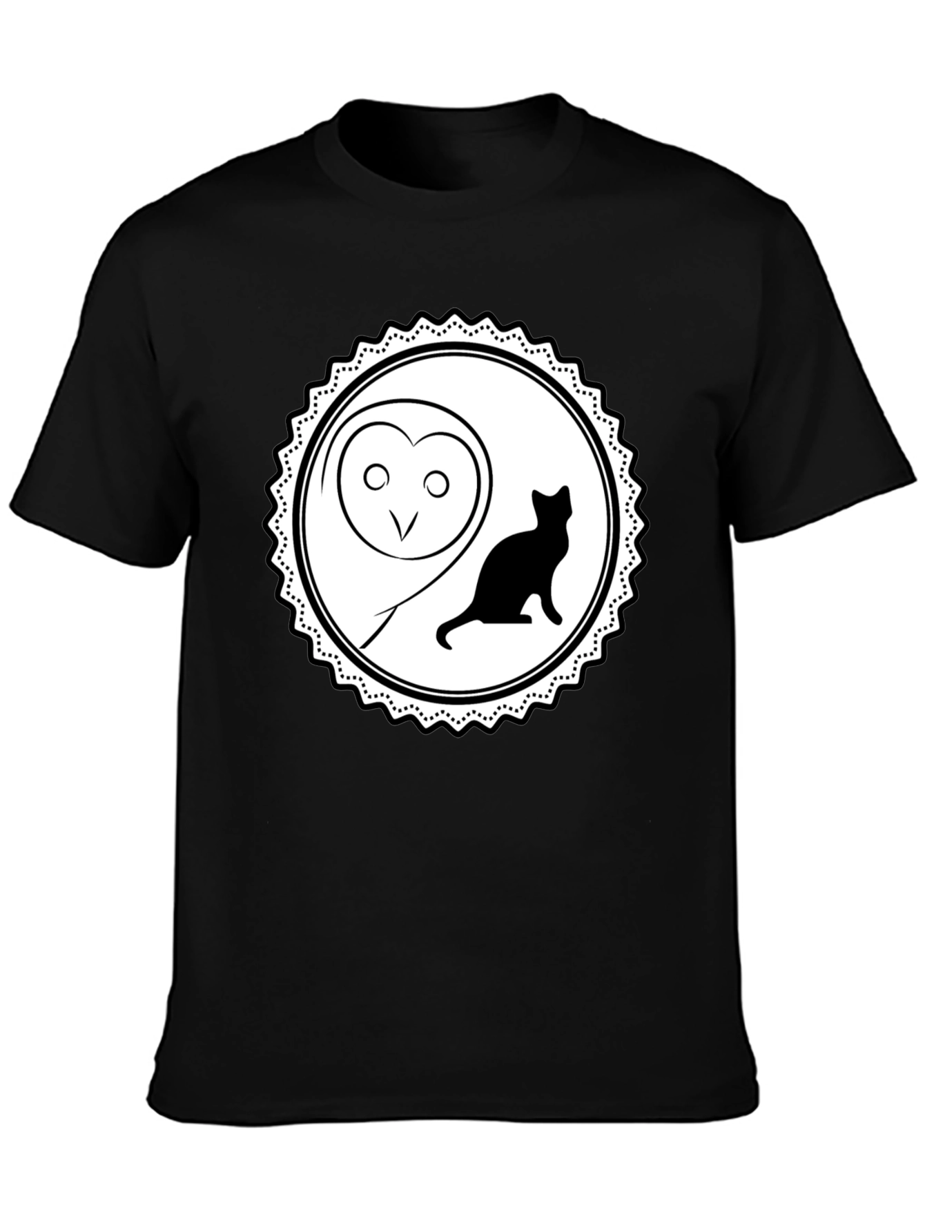 Owl and Cat Graphic Tee - Black Cotton